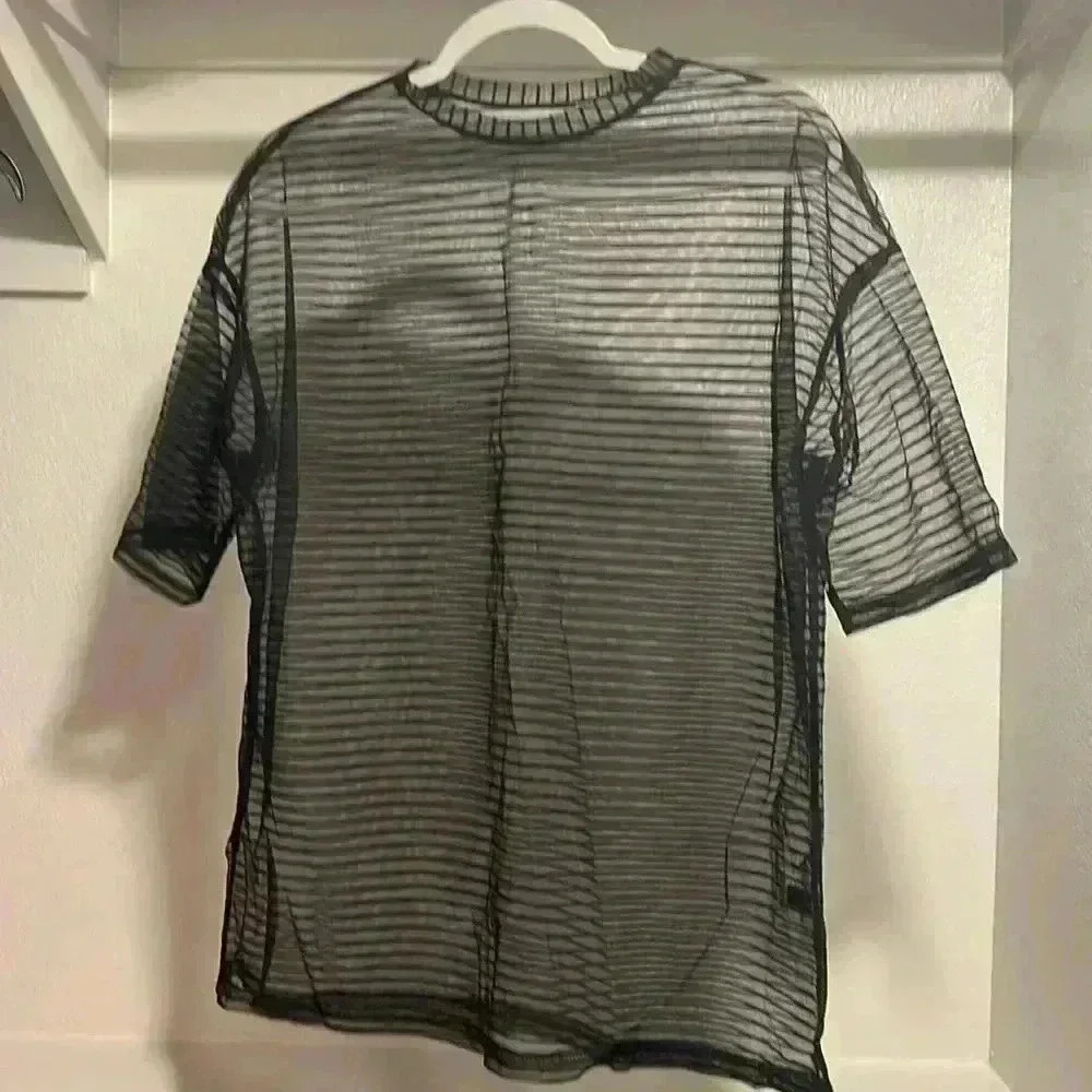 SHEIN Drop Shoulder Striped Mesh Sheer Top